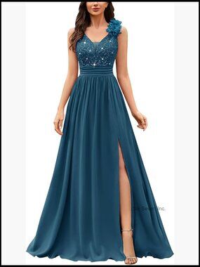 Sleeveless Sequined Split Formal Evening Maxi Dress